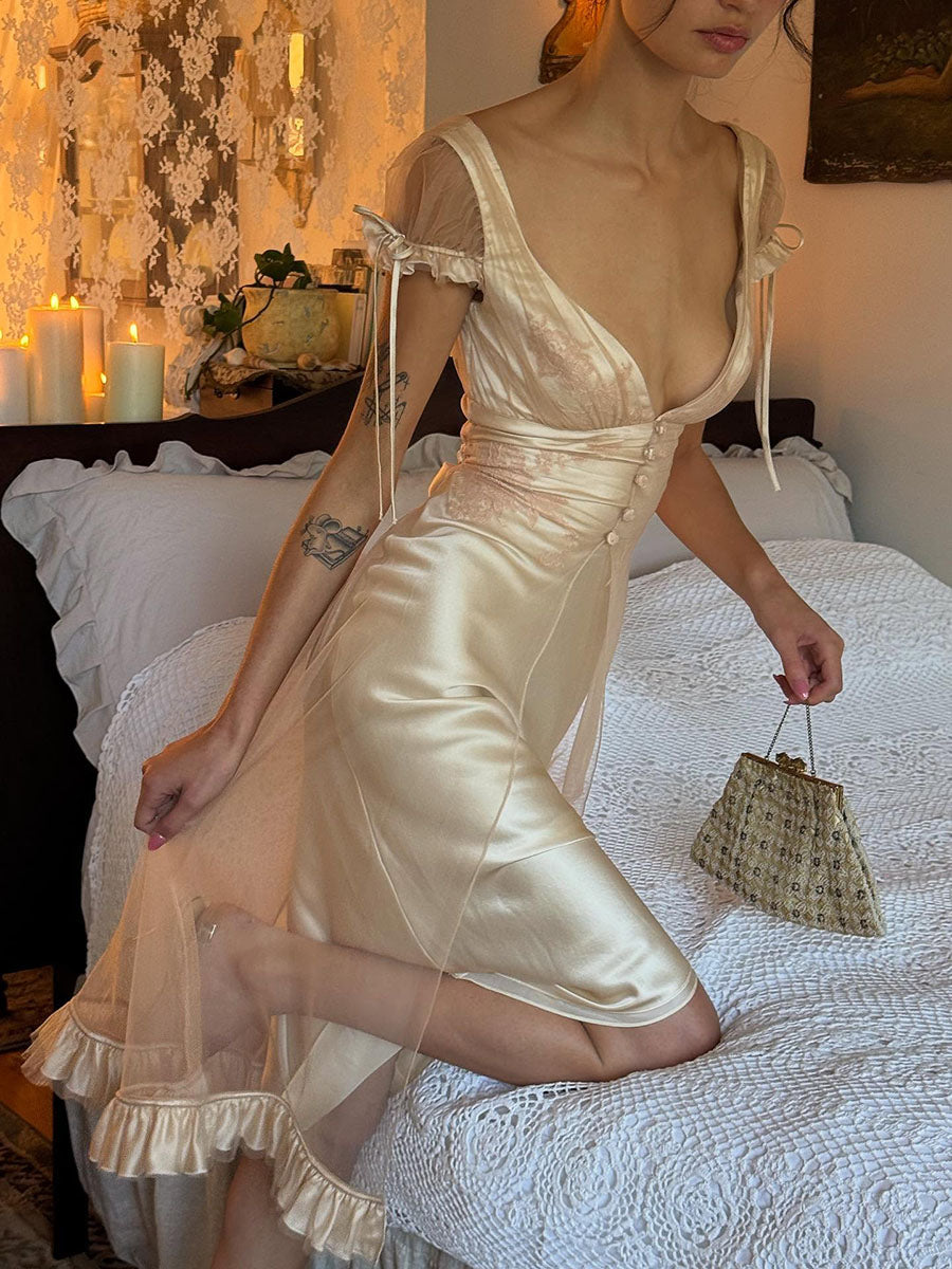 Amity Vintage Chic Deep V-Neck Mesh Spliced Satin Dress