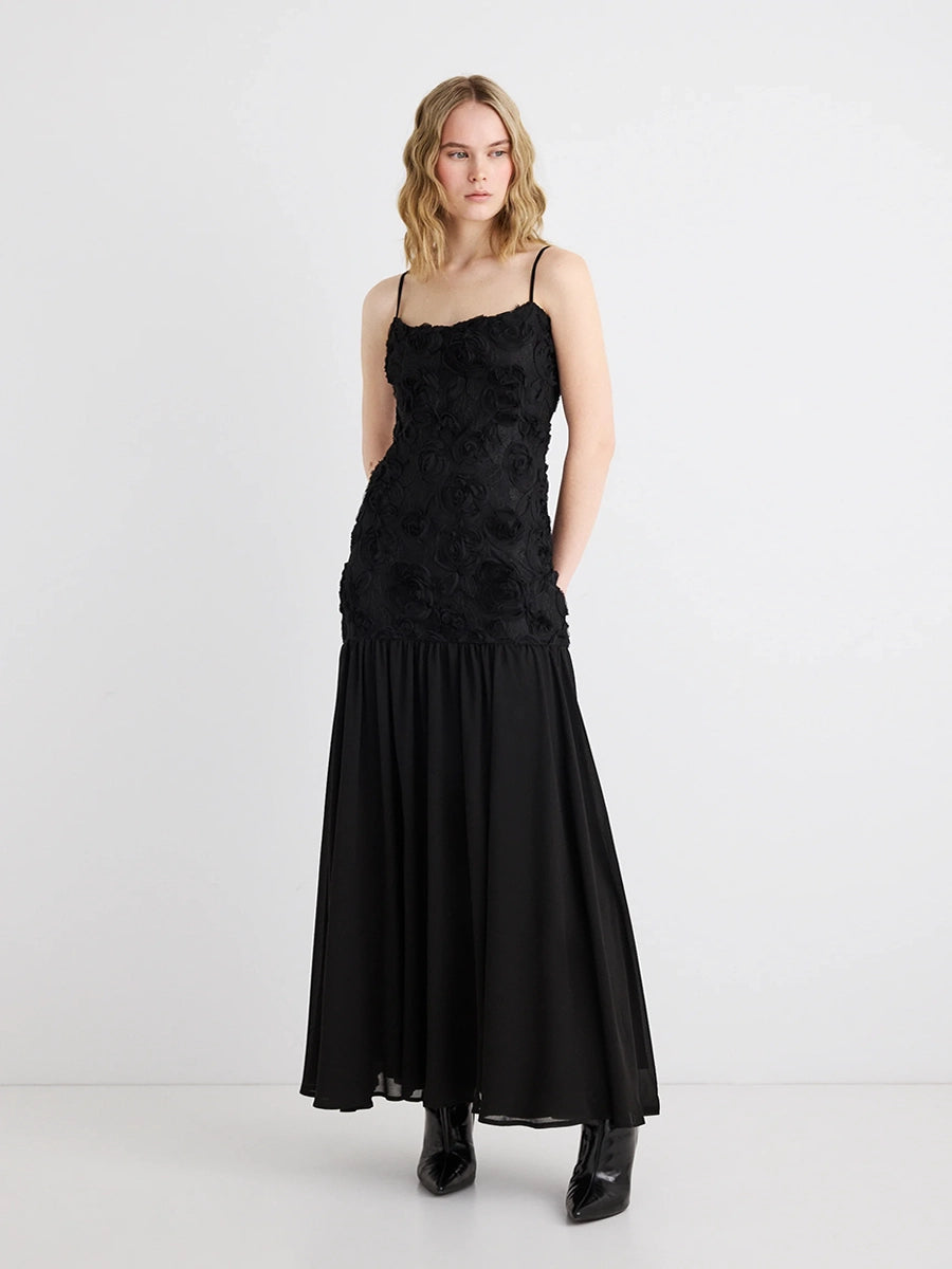 Anatella 3D Flower Chiffon Patchwork Maxi Dress