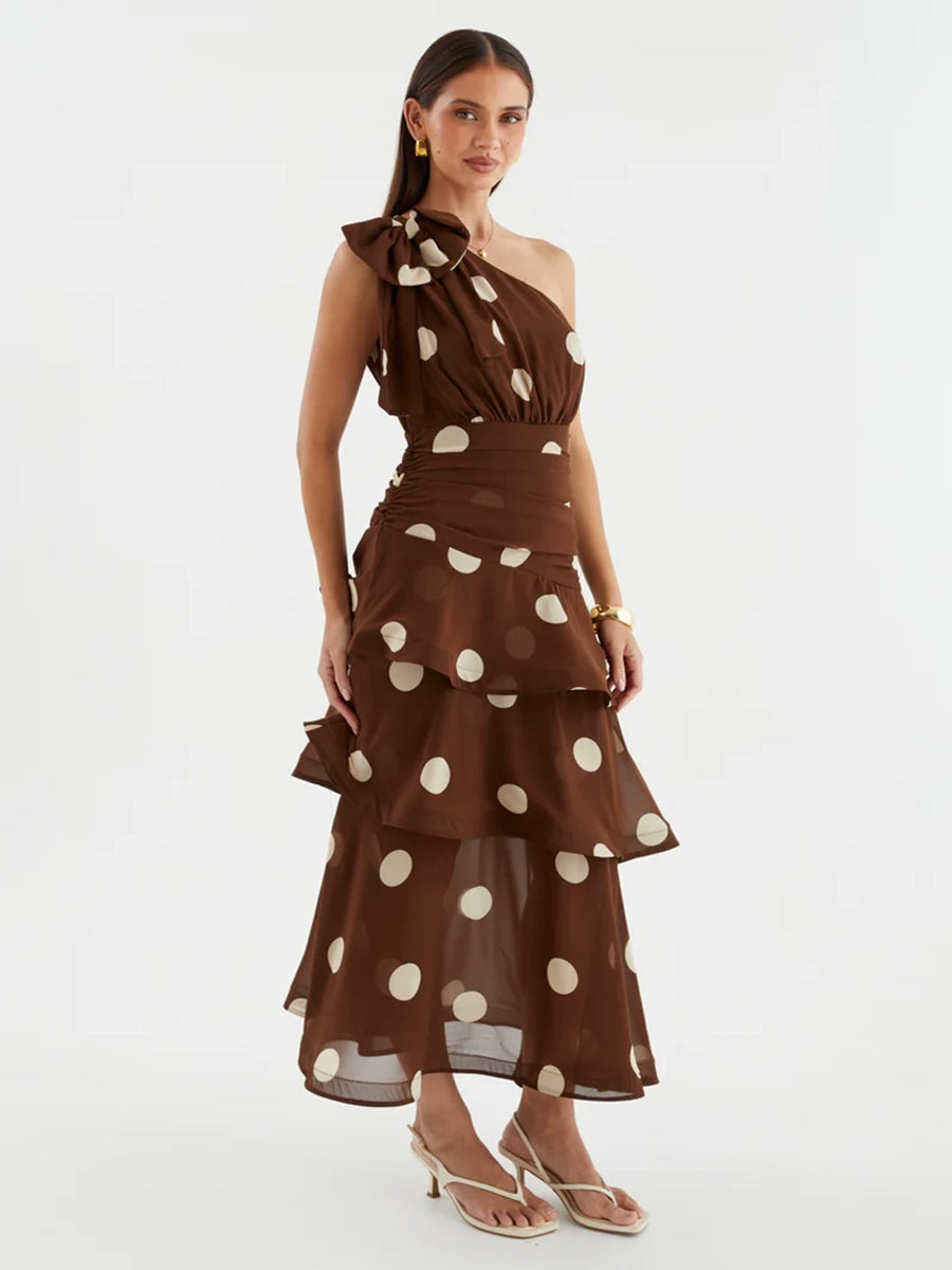 Anza One Shoulder Backless Printed Polka Dot Dress
