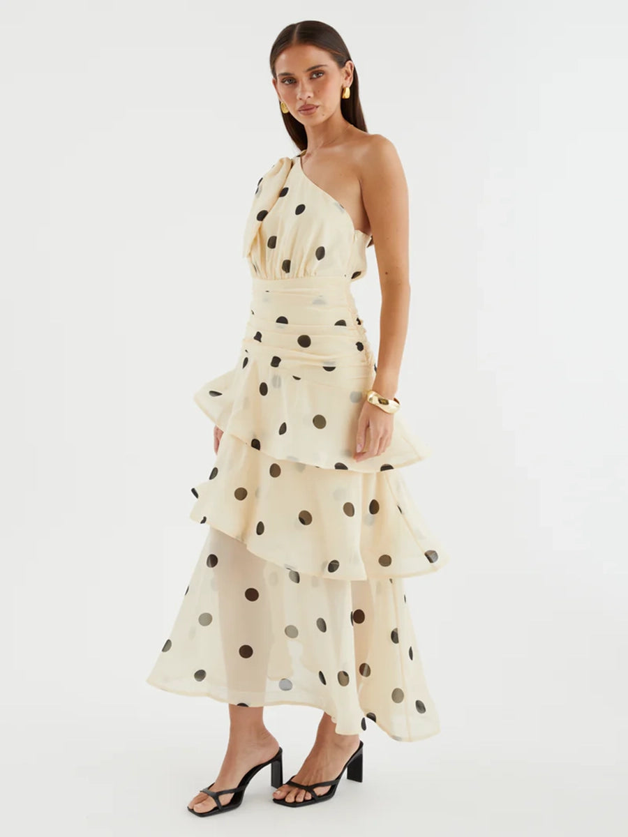 Anza One Shoulder Backless Printed Polka Dot Dress