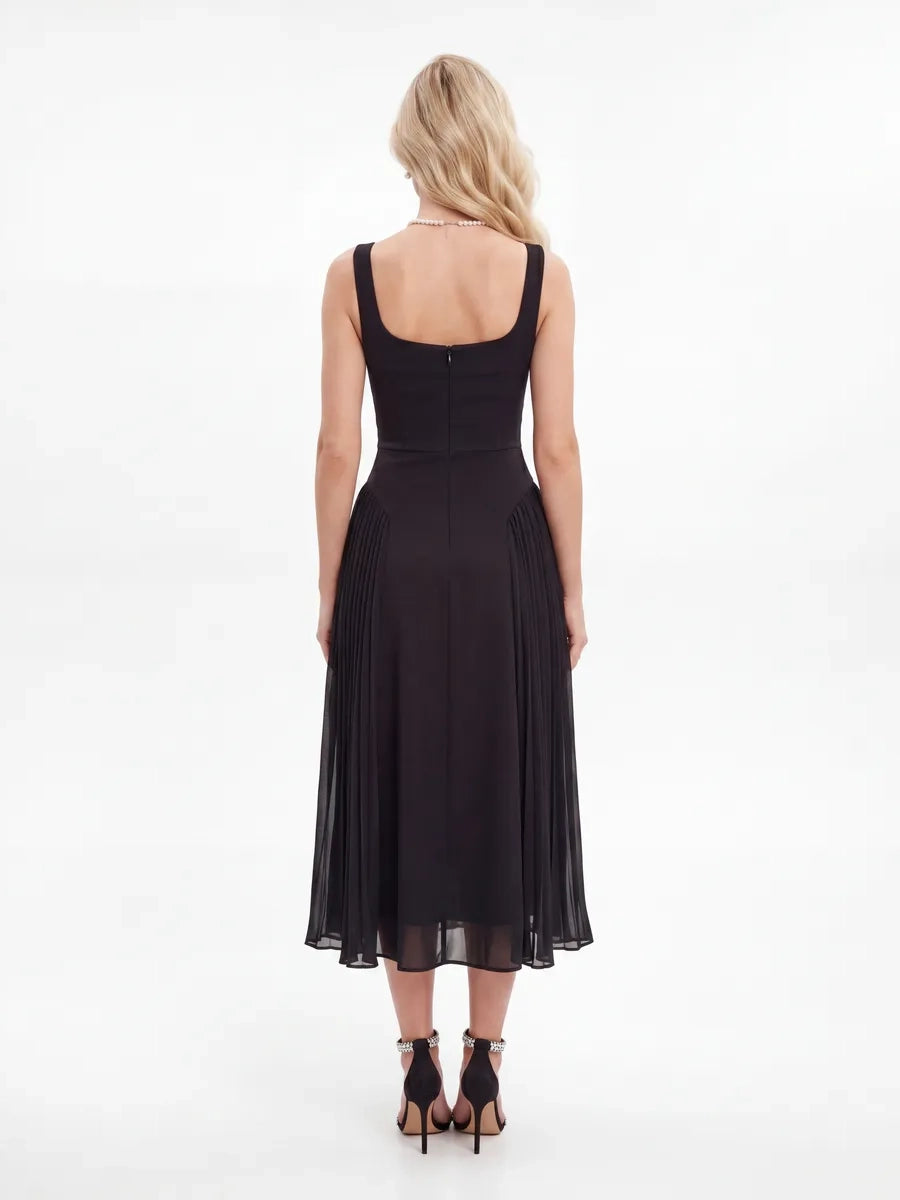 Aridwen Square Neck Cinched Pleated Midi Dress