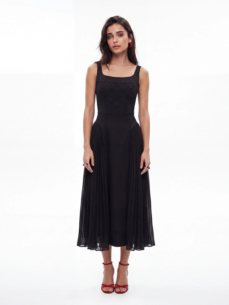 Aridwen Square Neck Cinched Pleated Midi Dress