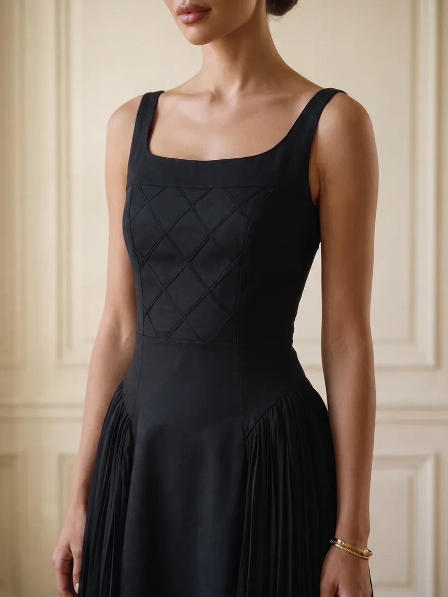 Aridwen Square Neck Cinched Pleated Midi Dress
