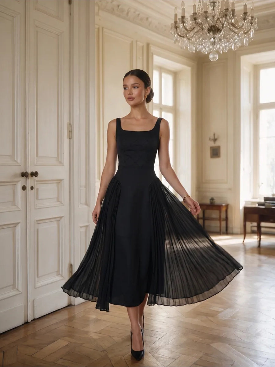 Aridwen Square Neck Cinched Pleated Midi Dress