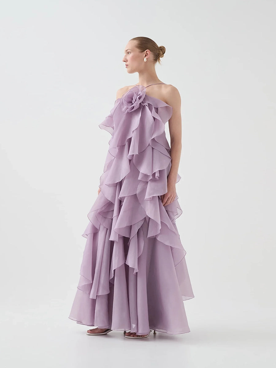 Atih Floral Halter Neck Backless Ruffled Maxi Dress