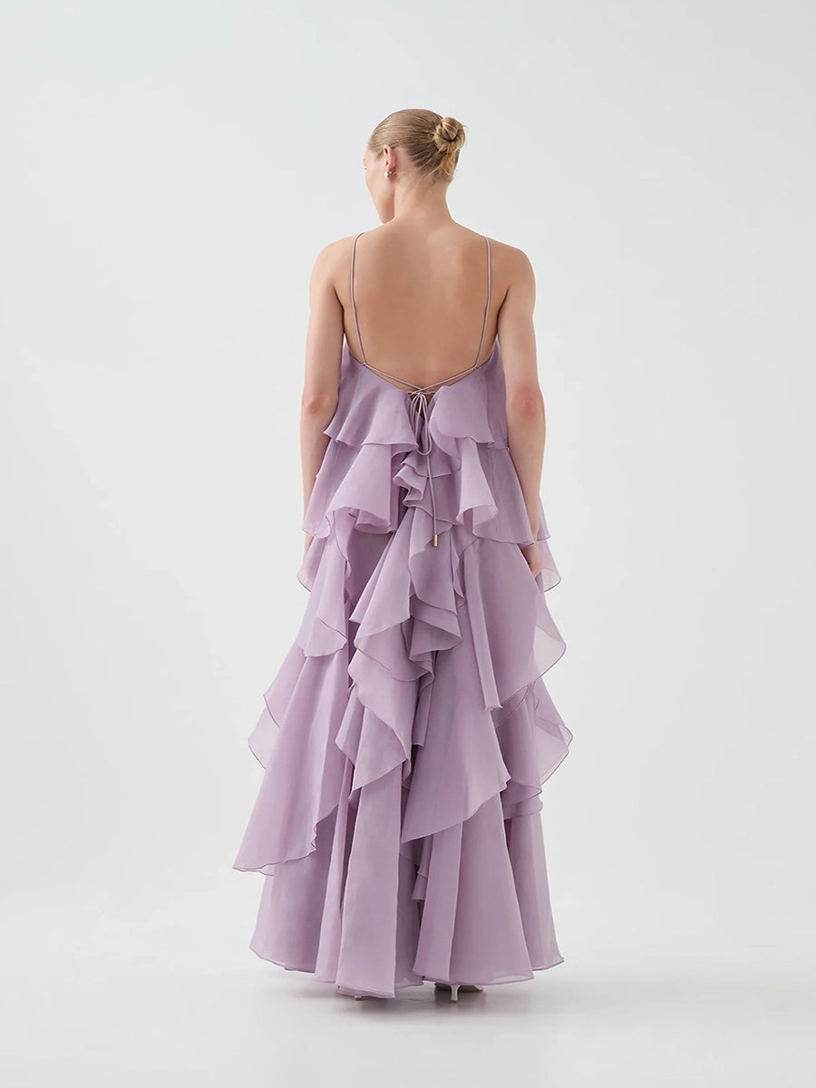 Atih Floral Halter Neck Backless Ruffled Maxi Dress