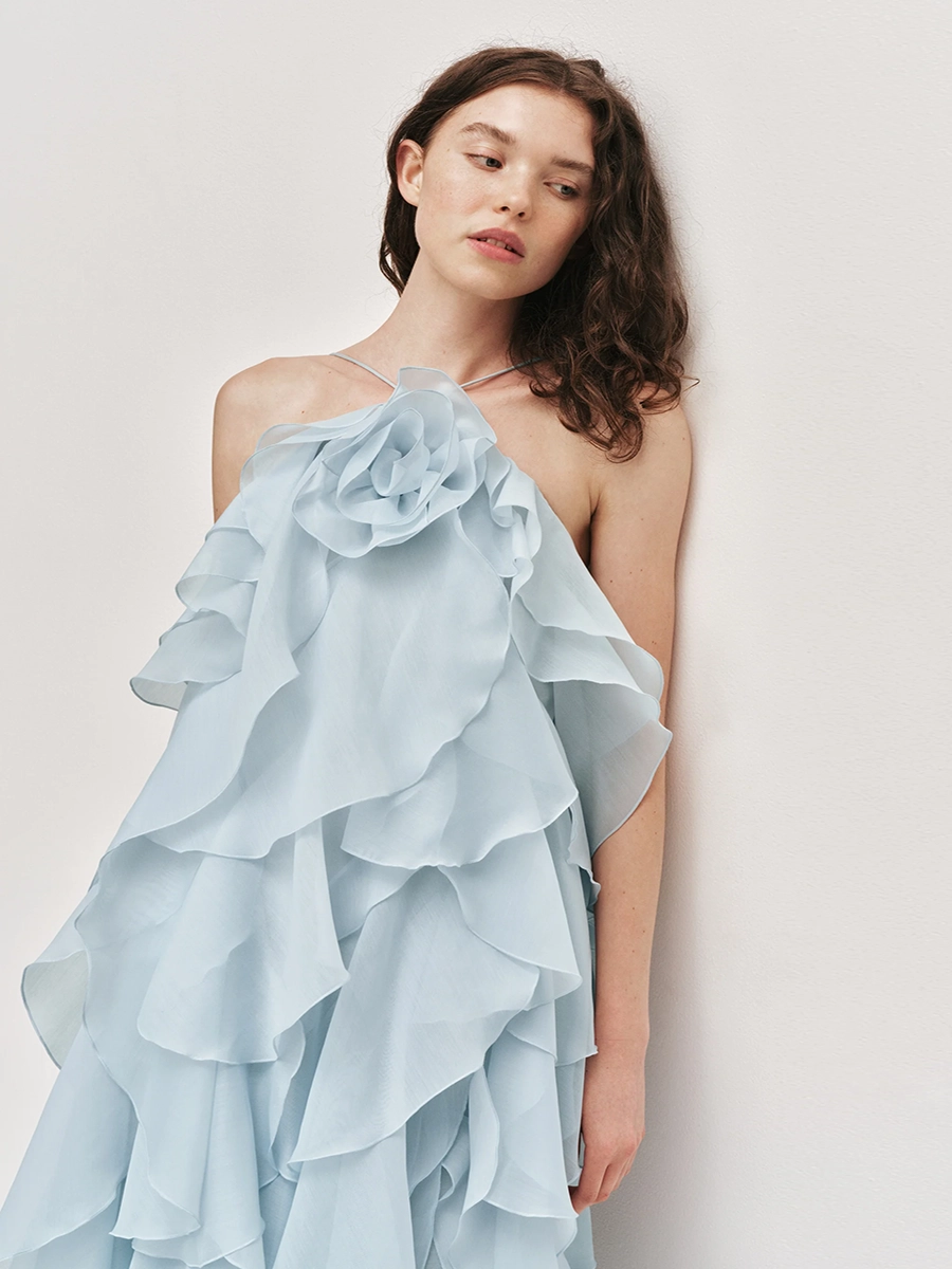 Atih Floral Halter Neck Backless Ruffled Maxi Dress