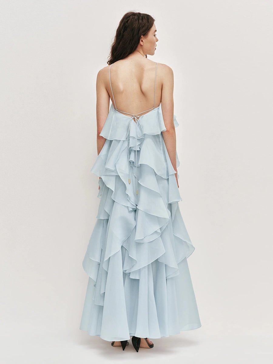Atih Floral Halter Neck Backless Ruffled Maxi Dress