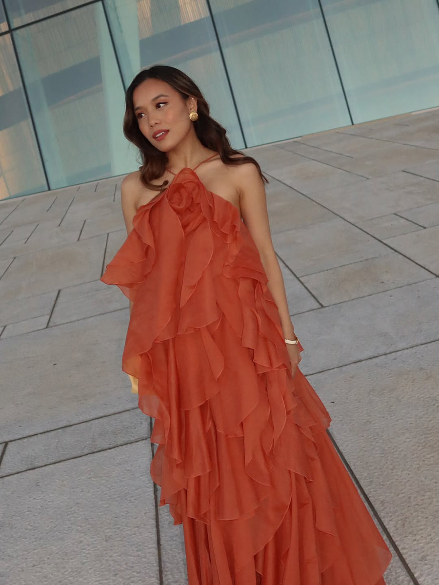 Atih Floral Halter Neck Backless Ruffled Maxi Dress