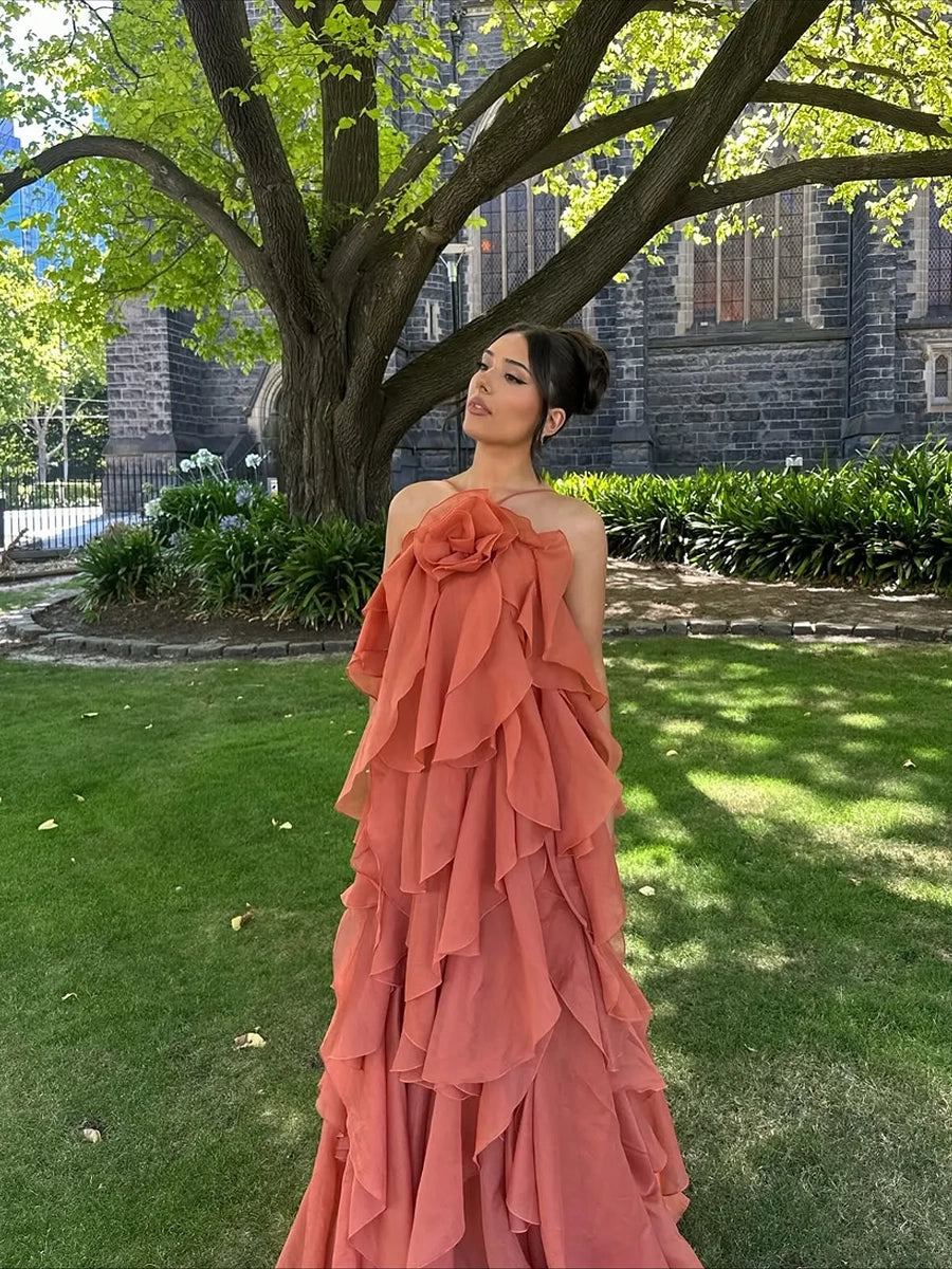 Atih Floral Halter Neck Backless Ruffled Maxi Dress