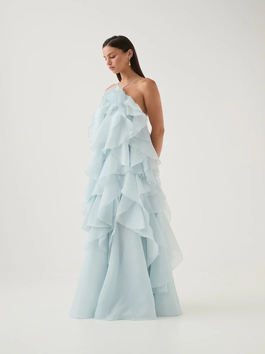 Atih Floral Halter Neck Backless Ruffled Maxi Dress