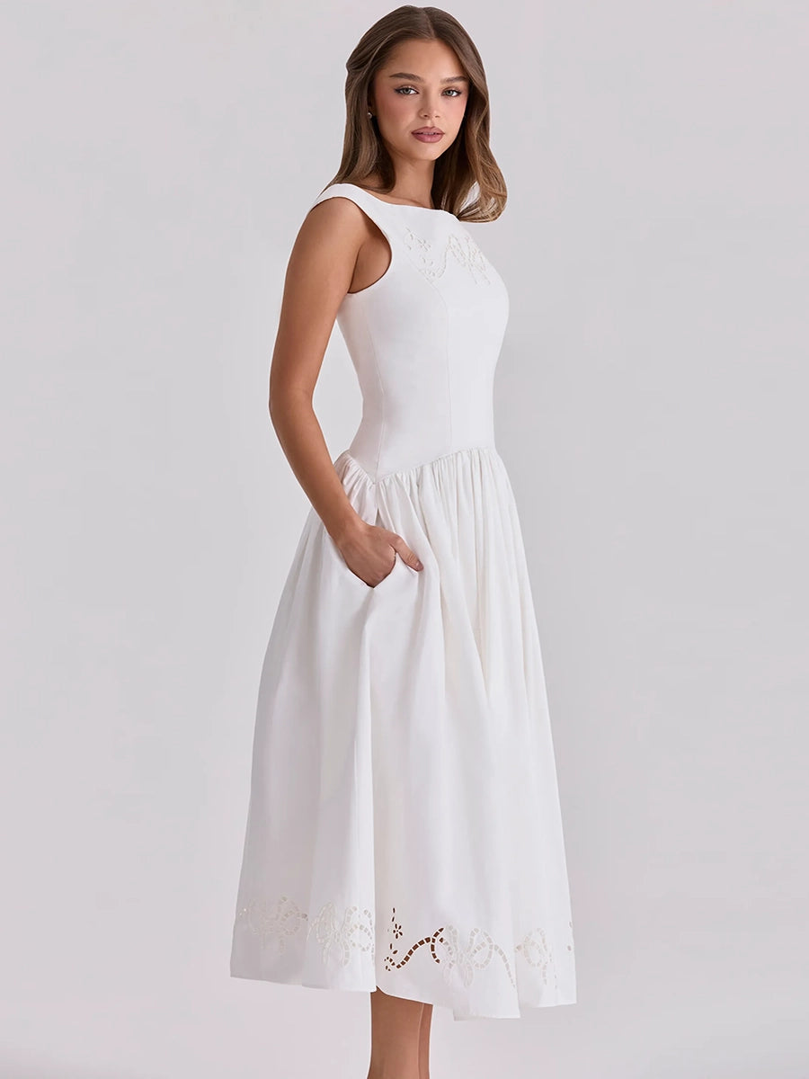 Briona Halter-Neck Embroidered Waist-Cinching A-Line Dress