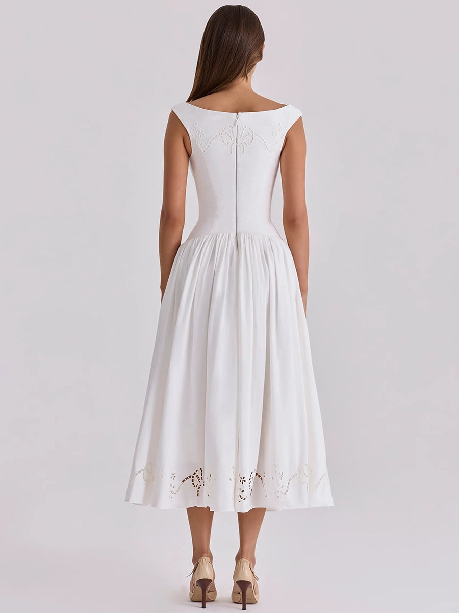 Briona Halter-Neck Embroidered Waist-Cinching A-Line Dress
