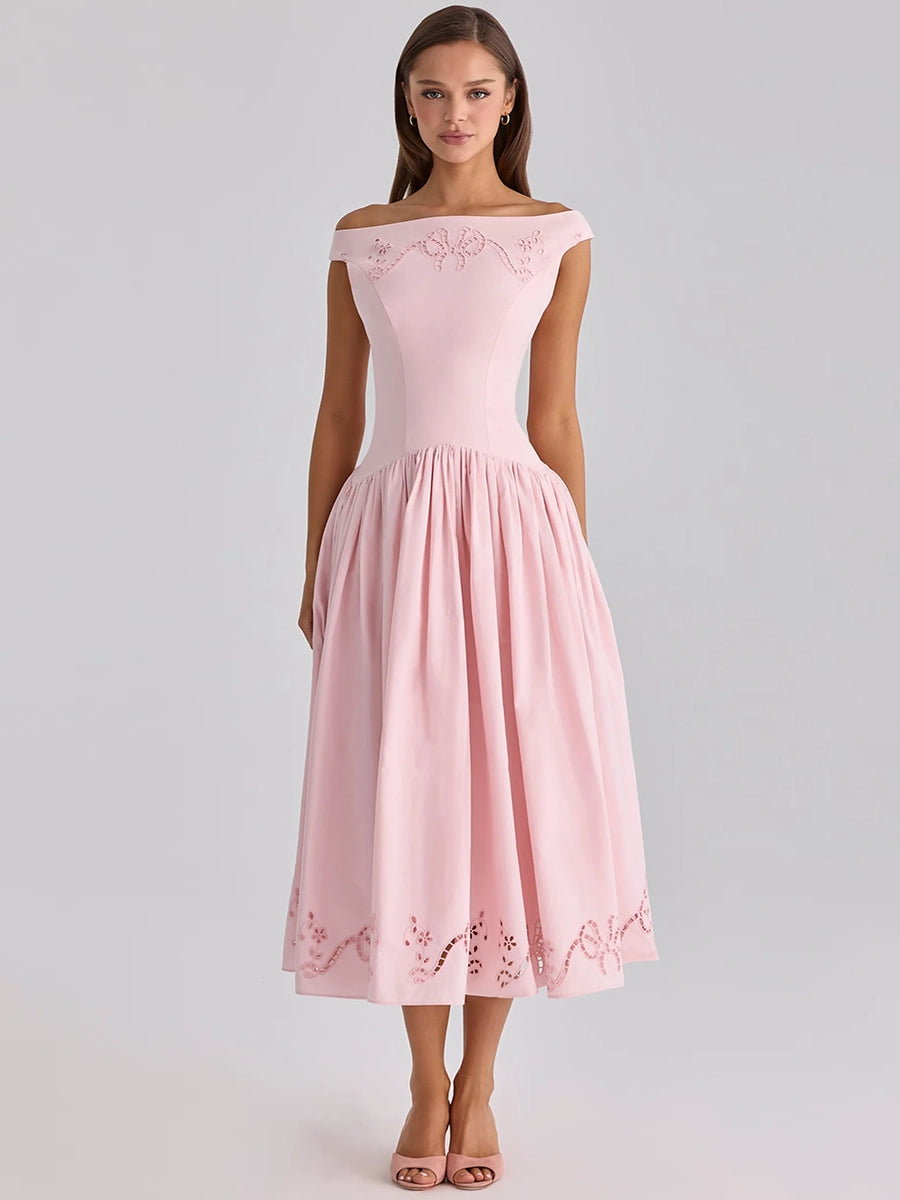 Briona Halter-Neck Embroidered Waist-Cinching A-Line Dress