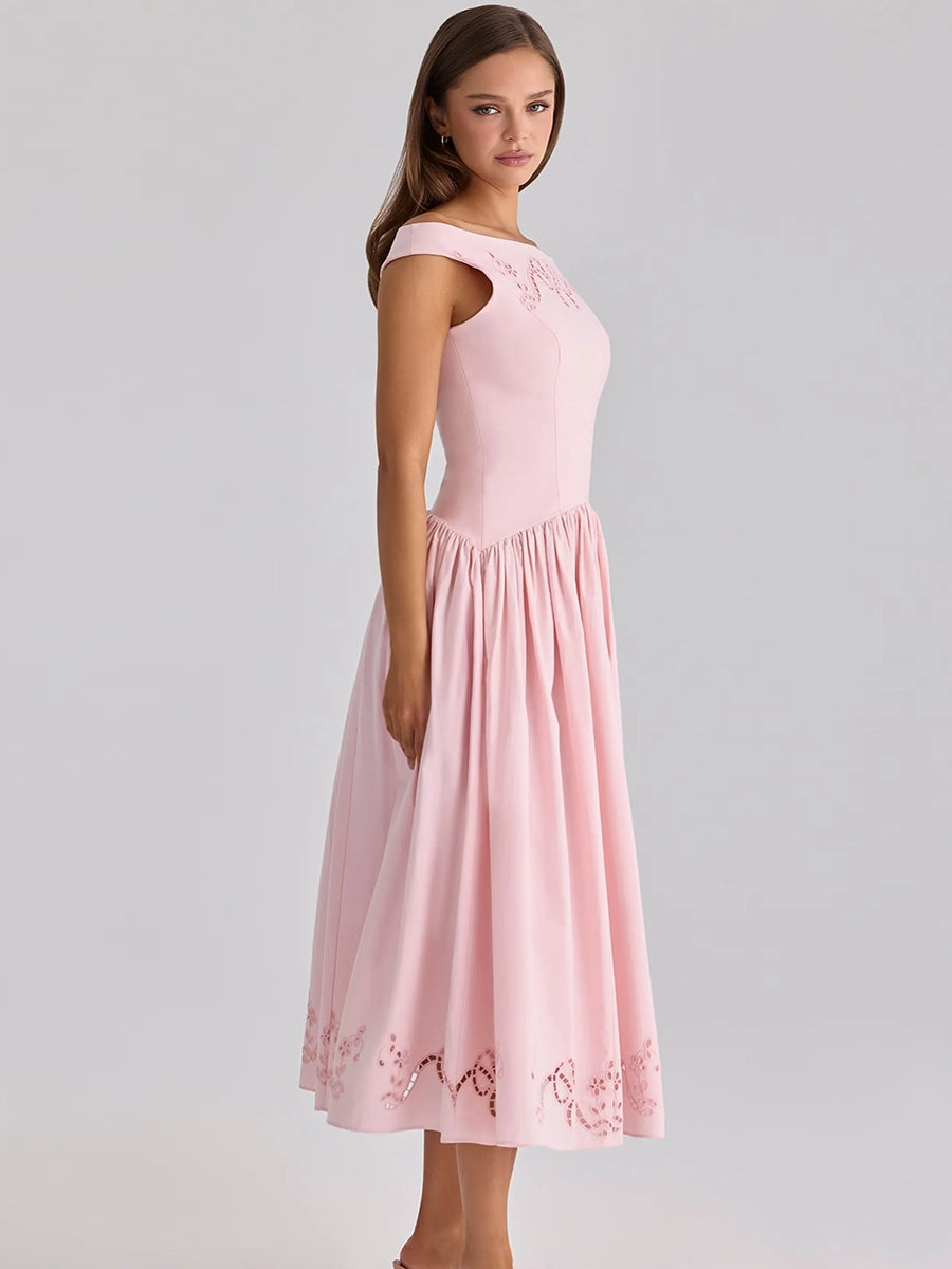 Briona Halter-Neck Embroidered Waist-Cinching A-Line Dress