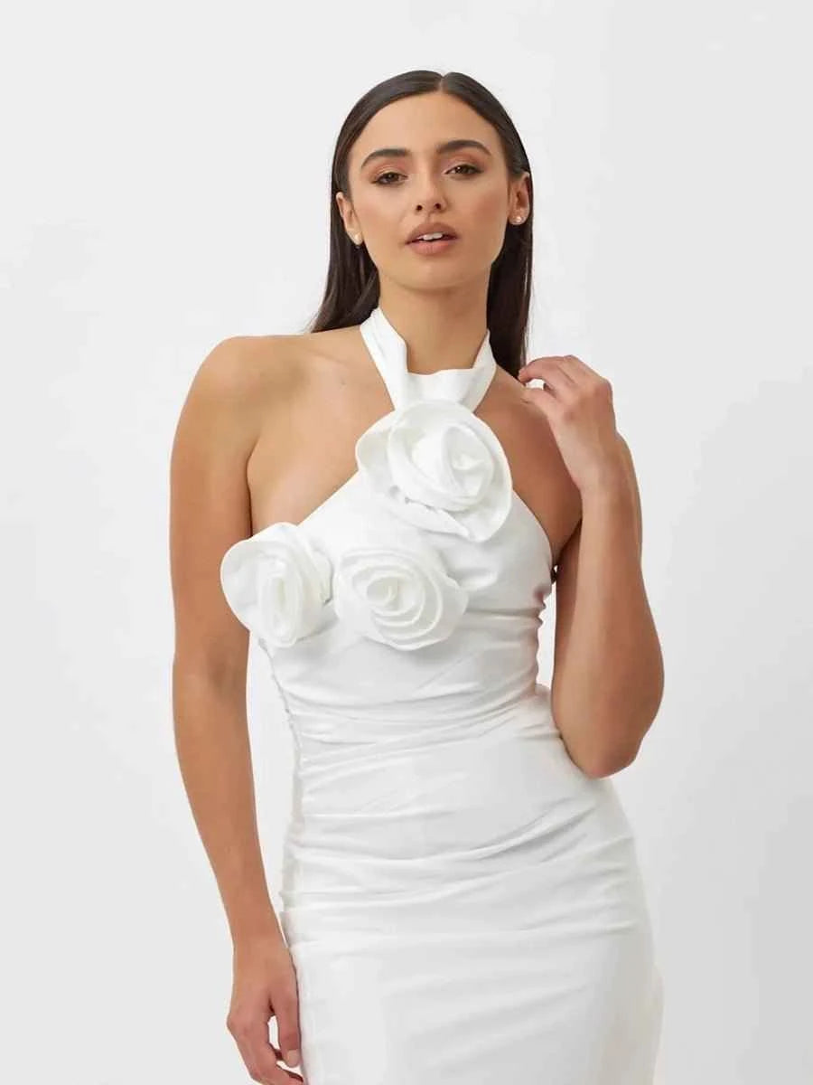Addie White Ribbon Flower Halter Long High Sense Dress