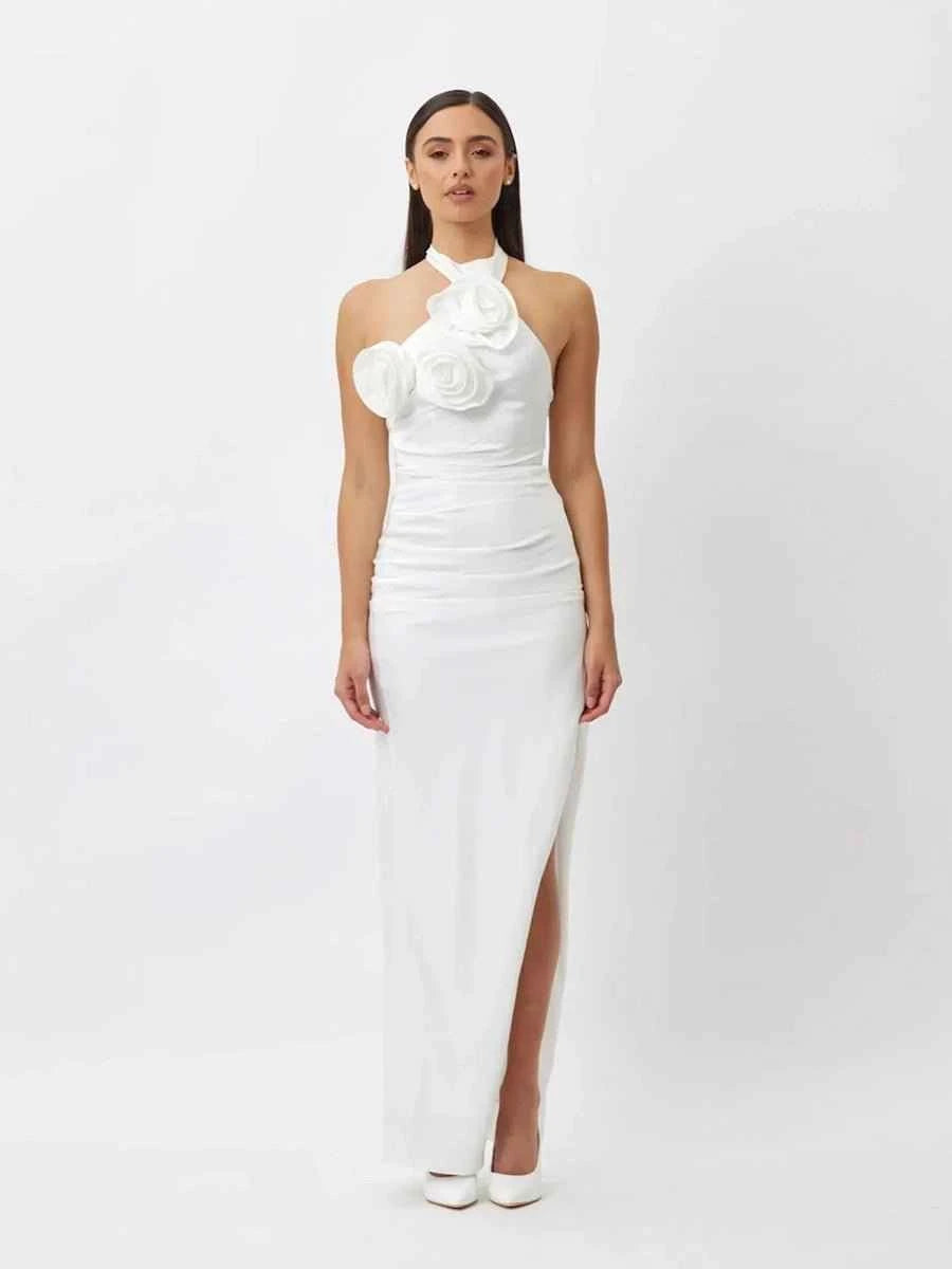 Addie White Ribbon Flower Halter Long High Sense Dress