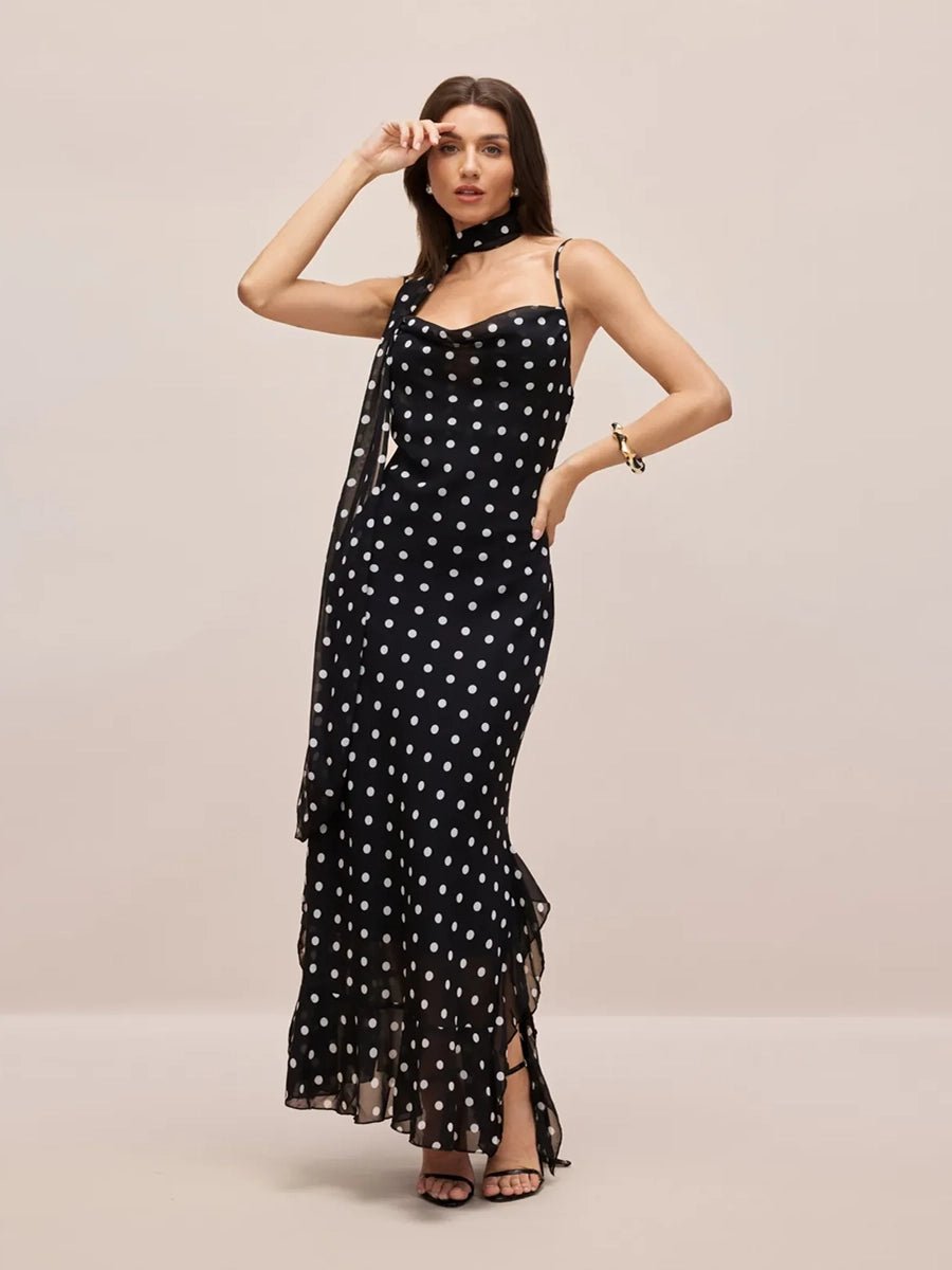 Adelia Sleeveless Polka Dot Scarf Collar Ruffled Maxi Dressmaxi dressCelidiorCelidiorCJLY236383801AZnull