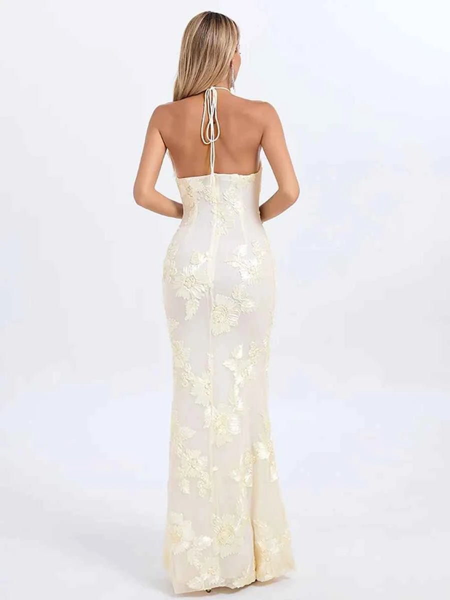 Aeby Cream Floral Halter Neck Mermaid Gown