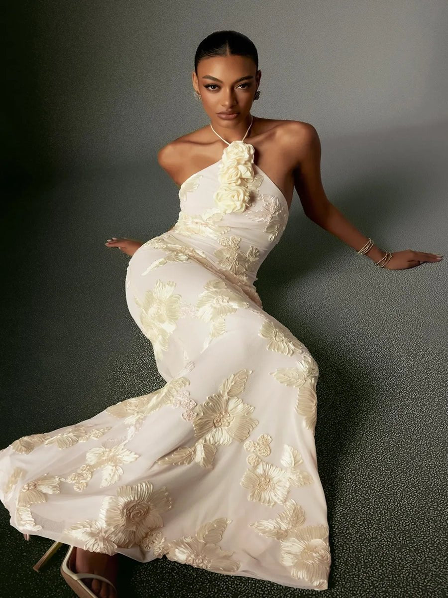 Aeby Cream Floral Halter Neck Mermaid Gownmaxi dressCelidiorCelidiorCJLY286986301AZnull