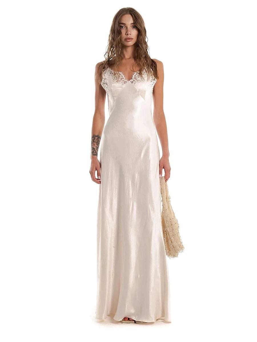 Aenessa V-neck Lace Panel Long Satin Slip Dressmaxi dressCelidiorCelidiorCJLY275524901AZnull