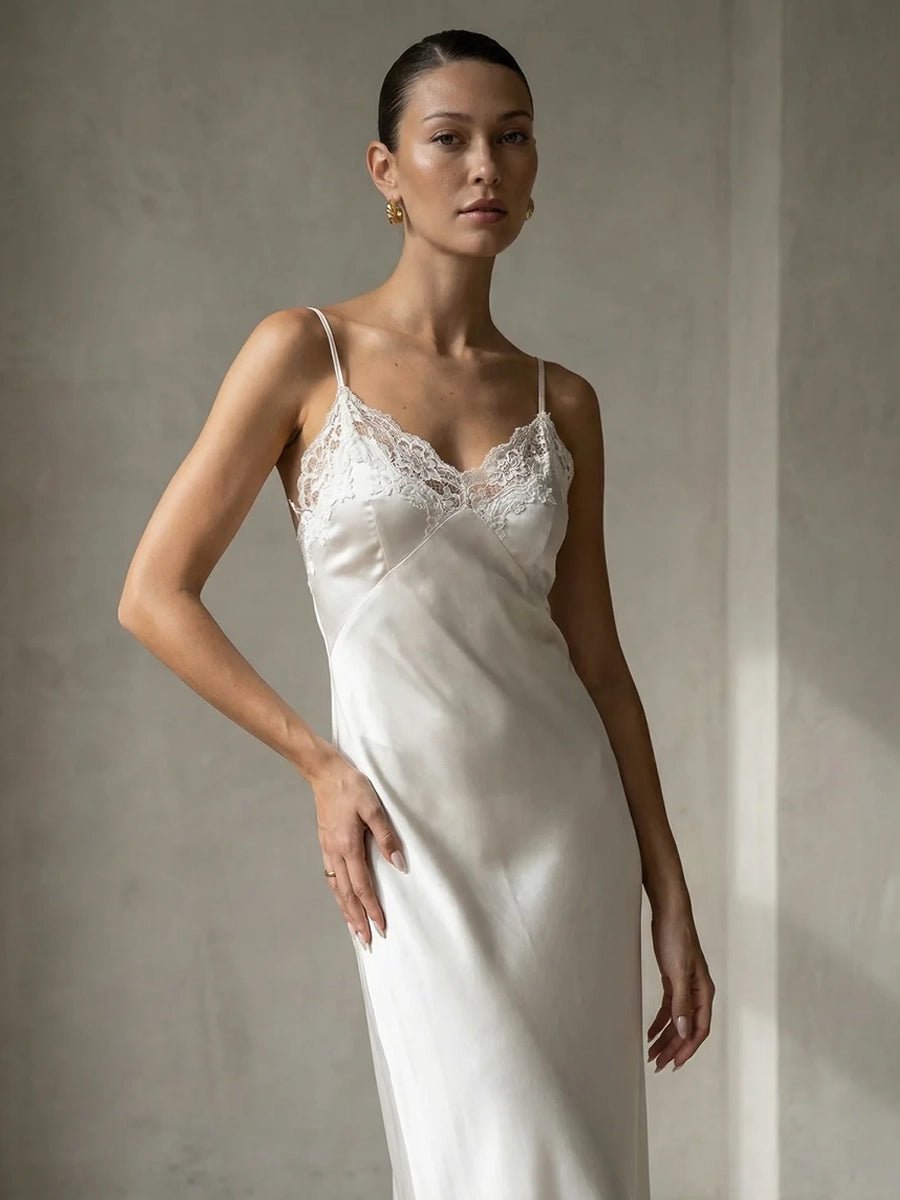 Aenessa V-neck Lace Panel Long Satin Slip Dressmaxi dressCelidiorCelidiorCJLY275524901AZnull