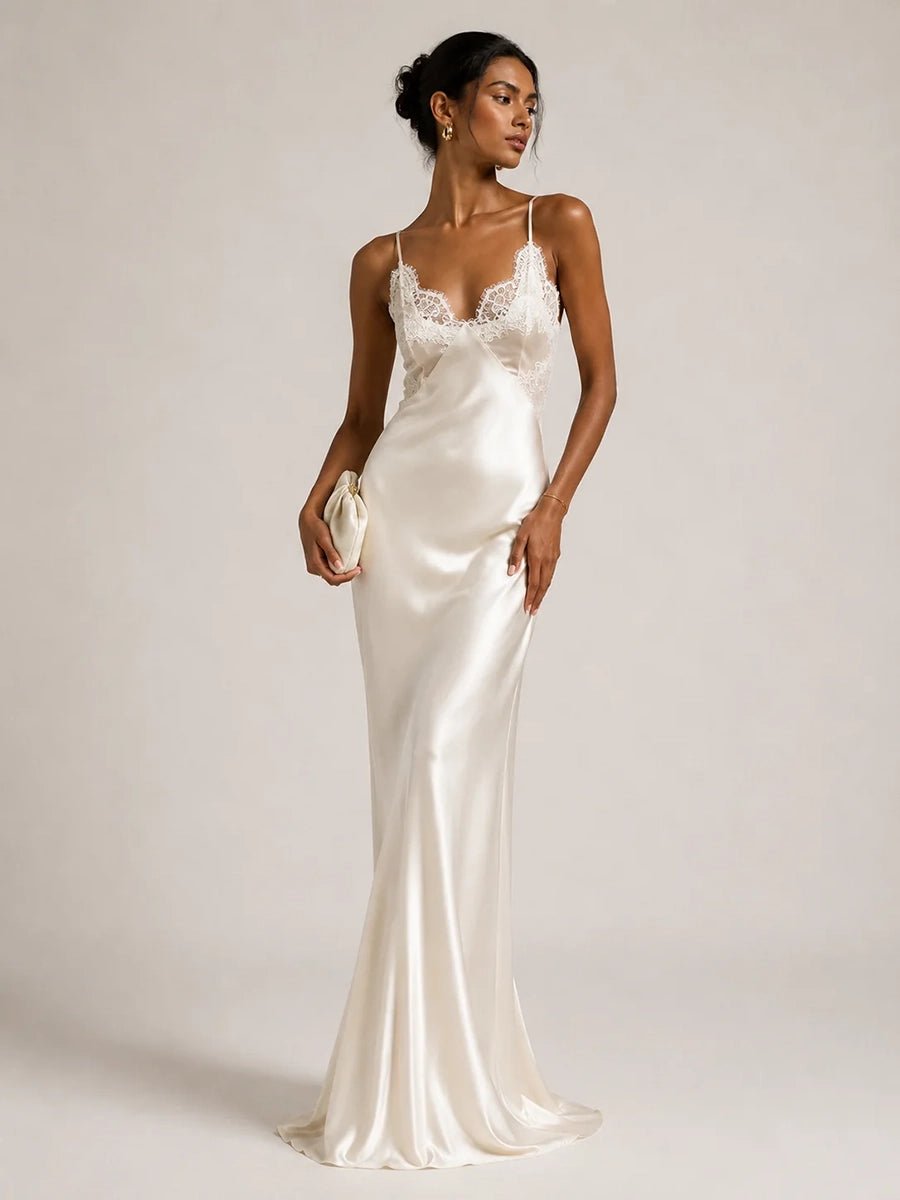 Aenessa V-neck Lace Panel Long Satin Slip Dressmaxi dressCelidiorCelidiorCJLY275524901AZnull