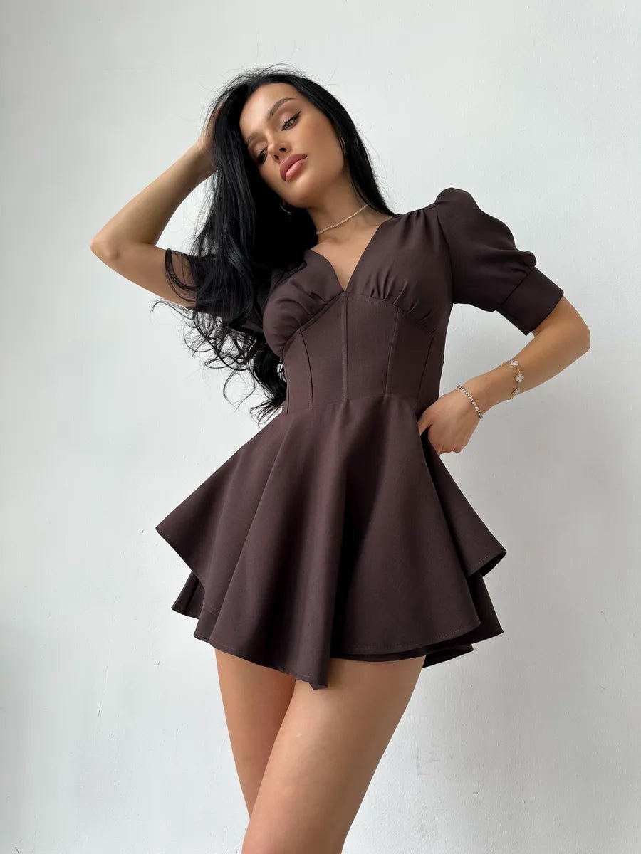 Short Sleeve V-Neck Mini Dress – Corset-Inspired Fit by Ainne Brown / S