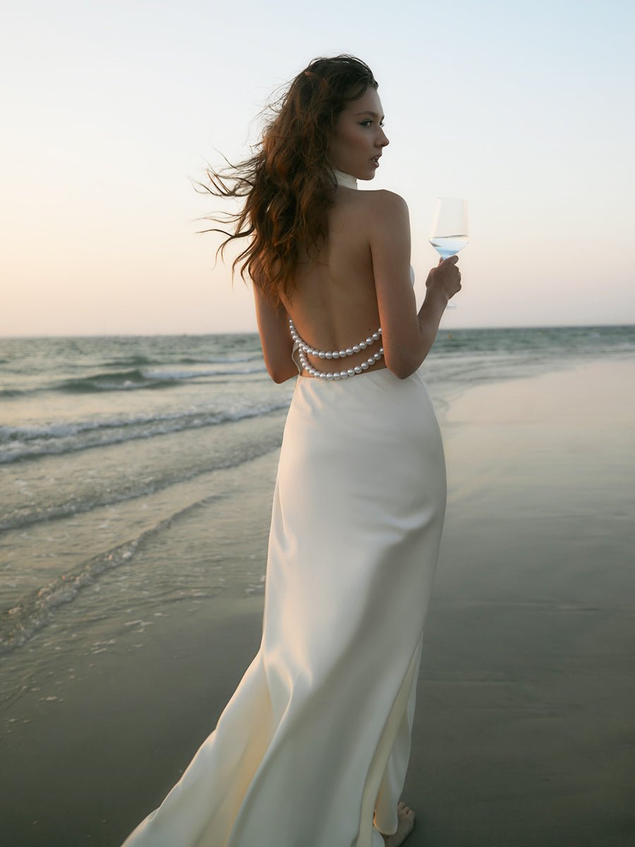 Akelsey Satin Sexy V-Neck Pearl Backless Halter Dressmaxi dressCelidiorCelidiorCJLY258430101AZnull