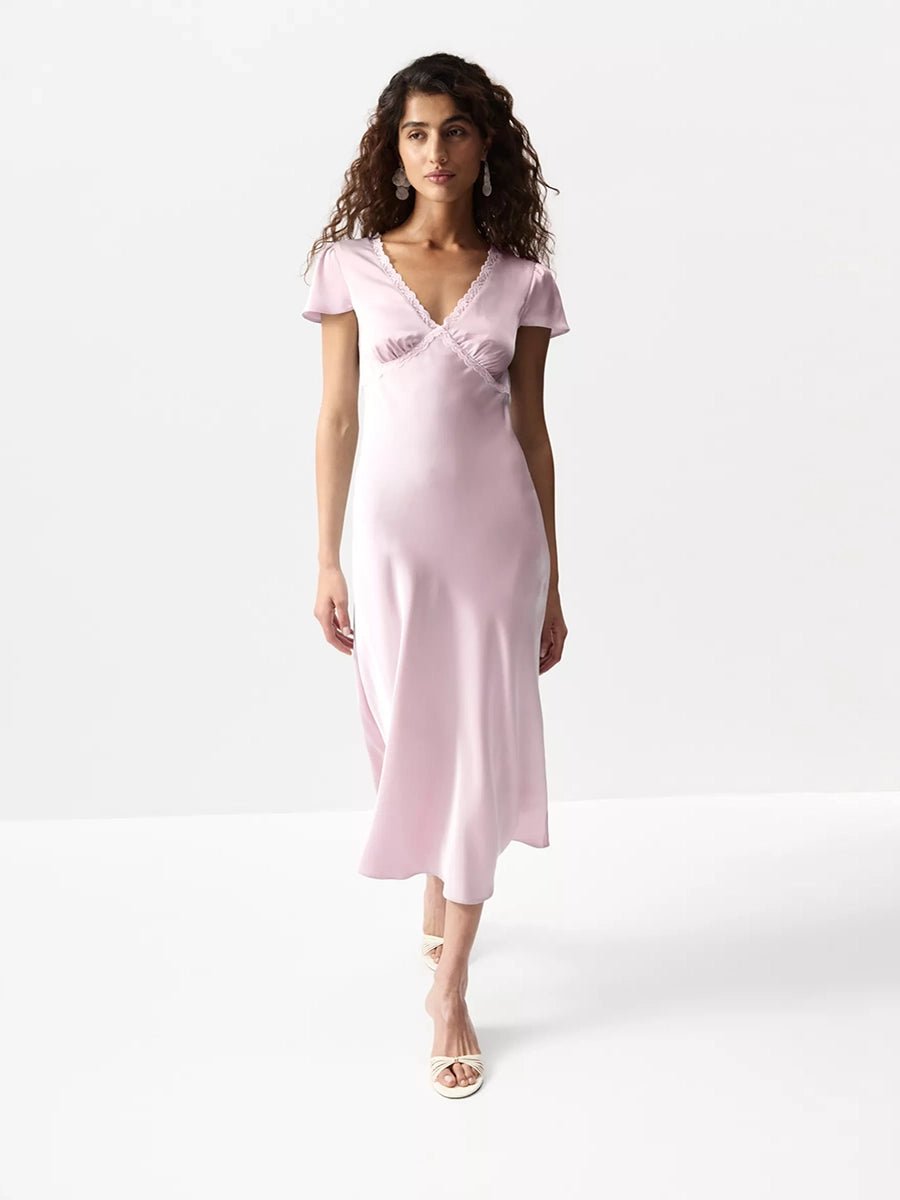 Aliyah Satin V Neck Lace Matched Dressmidi dressCelidiorCelidiorCJLY312045107GTnull