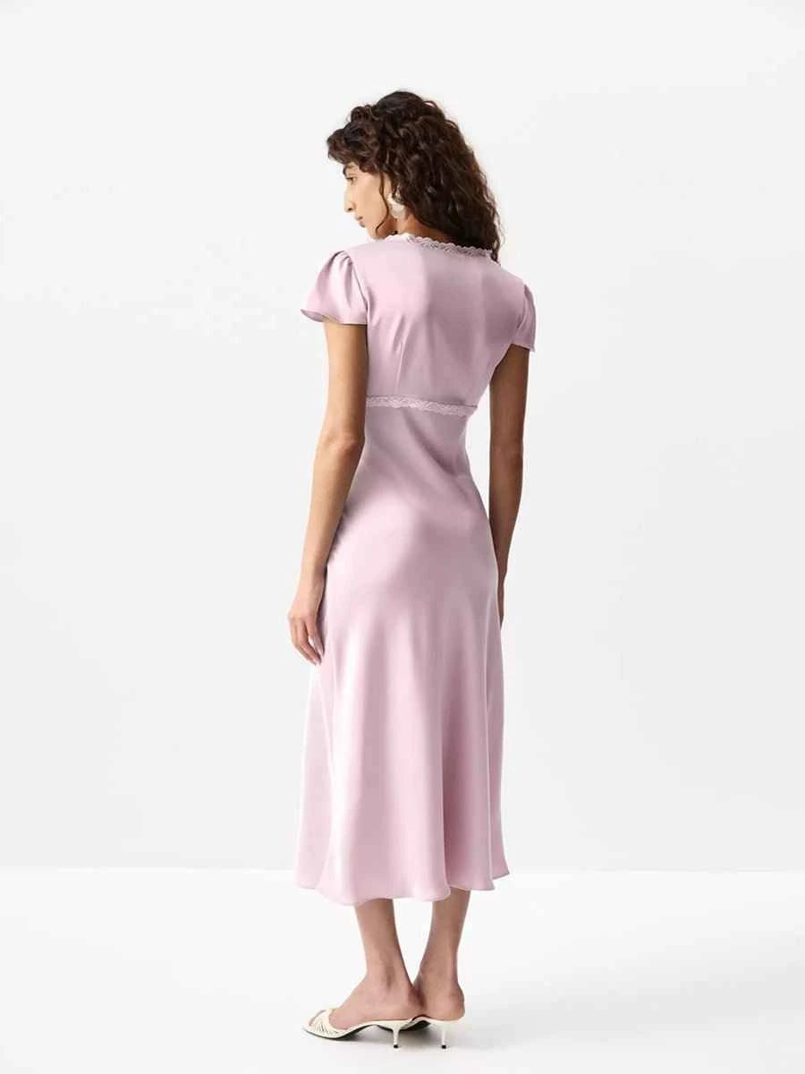 Aliyah Satin V Neck Lace Matched Dress