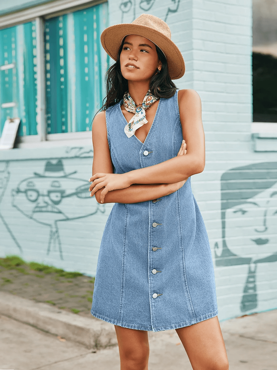 Ashita Summer Elegant Denim V Neck Dressmini dressCelidiorCelidiorCJLY312434205EVnull