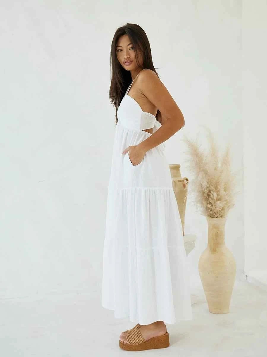 Astraea Backless Halterneck V-Neck Pleated A- Line Dress - Celidior