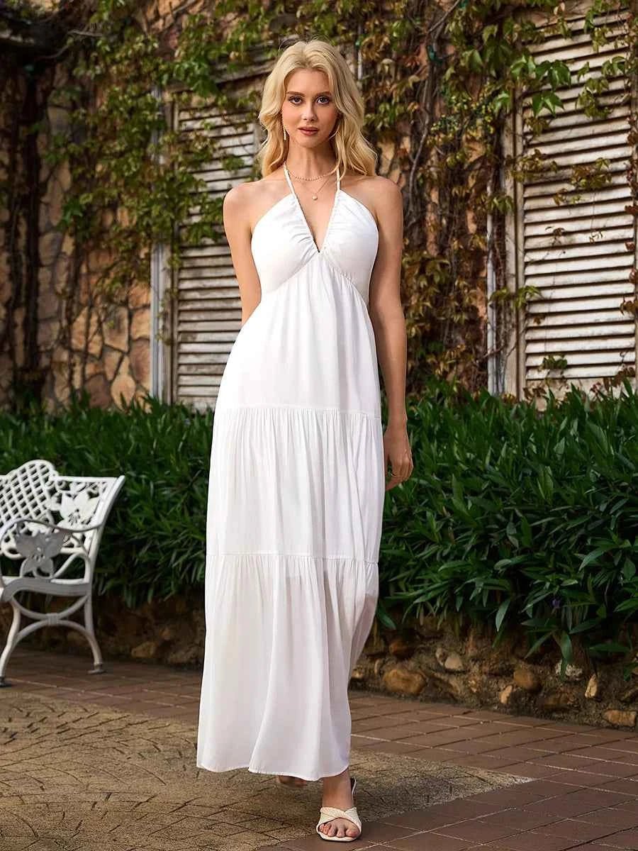 Astraea Backless Halterneck V-Neck Pleated A- Line Dress - Celidior