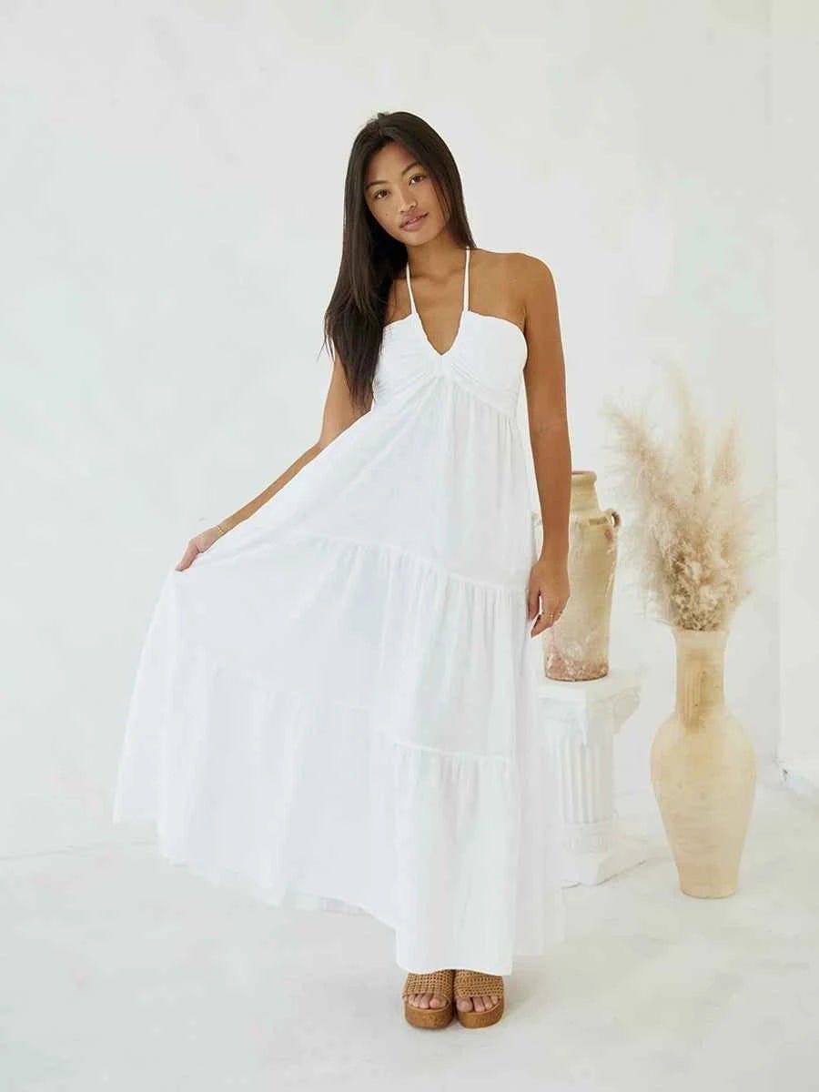 Astraea Backless Halterneck V-Neck Pleated A- Line Dress - Celidior