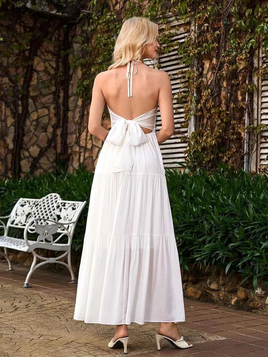 Astraea Backless Halterneck V-Neck Pleated A- Line Dress - Celidior
