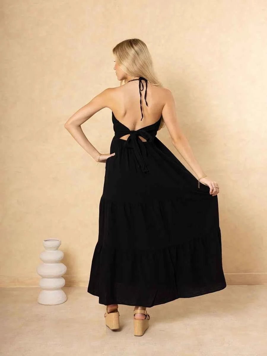 Astraea Backless Halterneck V-Neck Pleated A- Line Dress - Celidior