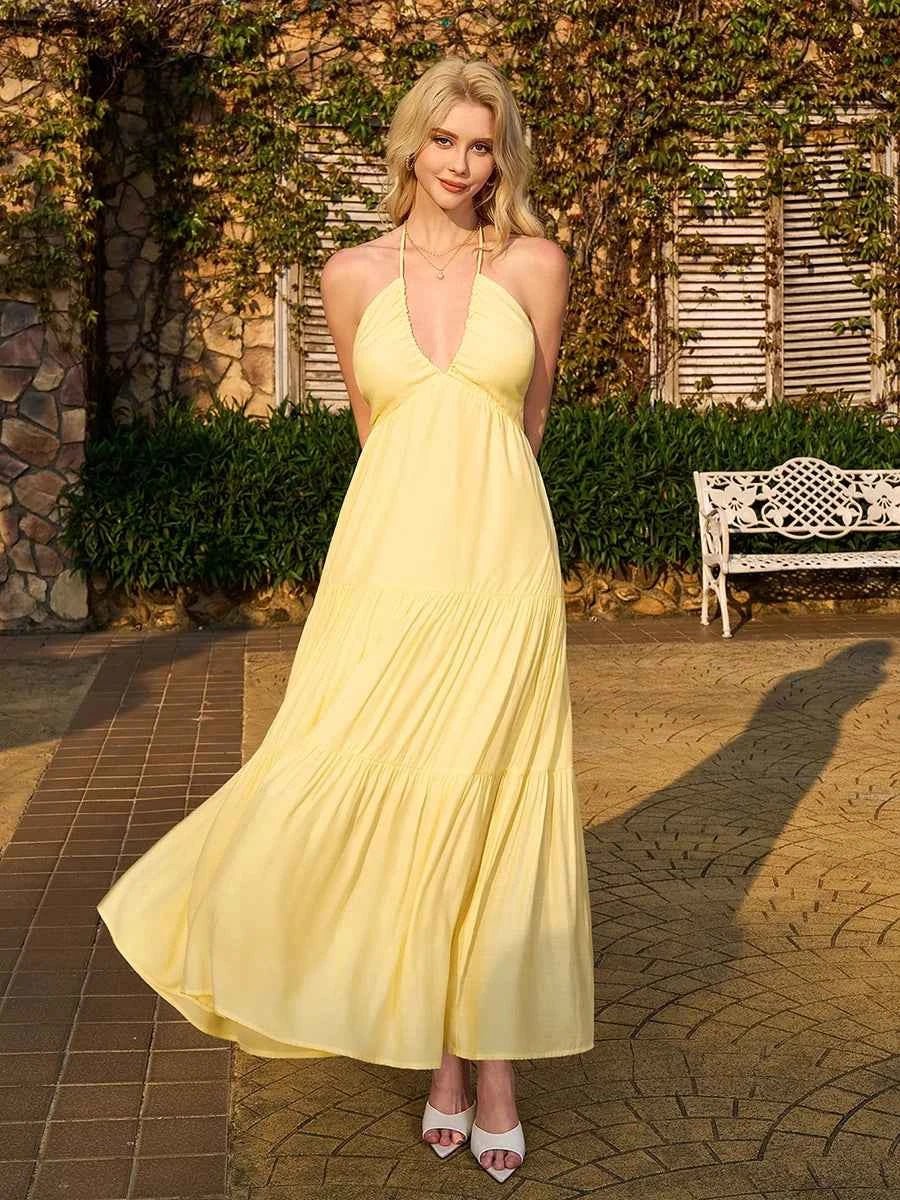 Astraea Backless Halterneck V-Neck Pleated A- Line Dress - Celidior