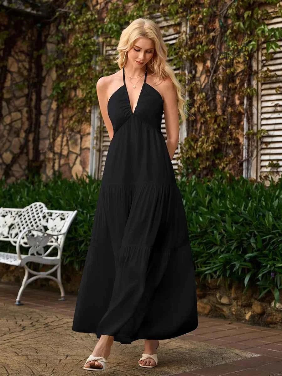 Astraea Backless Halterneck V-Neck Pleated A- Line Dress - Celidior