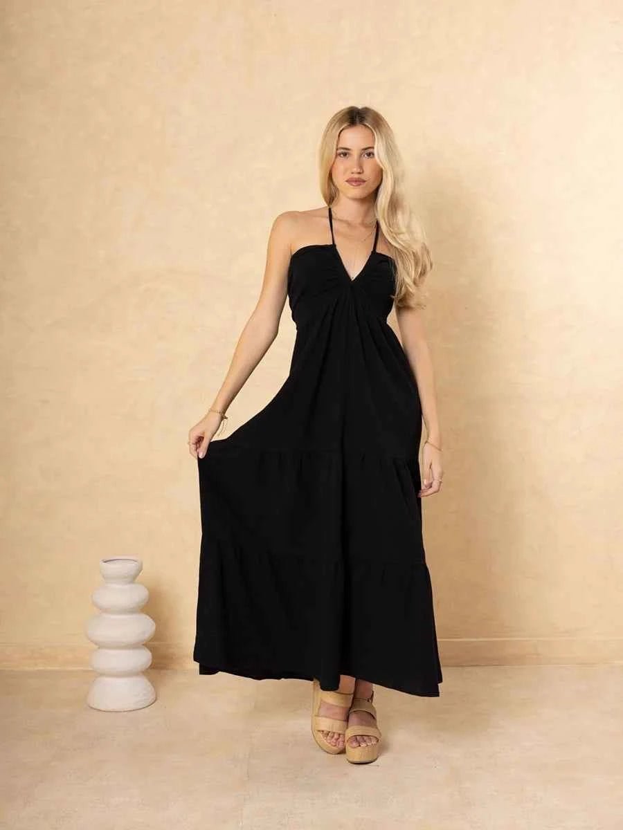 Astraea Backless Halterneck V-Neck Pleated A- Line Dress - Celidior