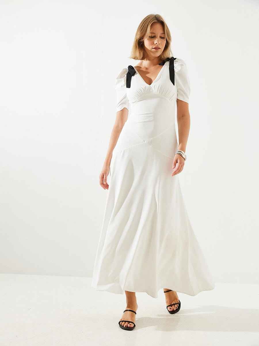 Atella Puff Sleeve Lace Up Dress