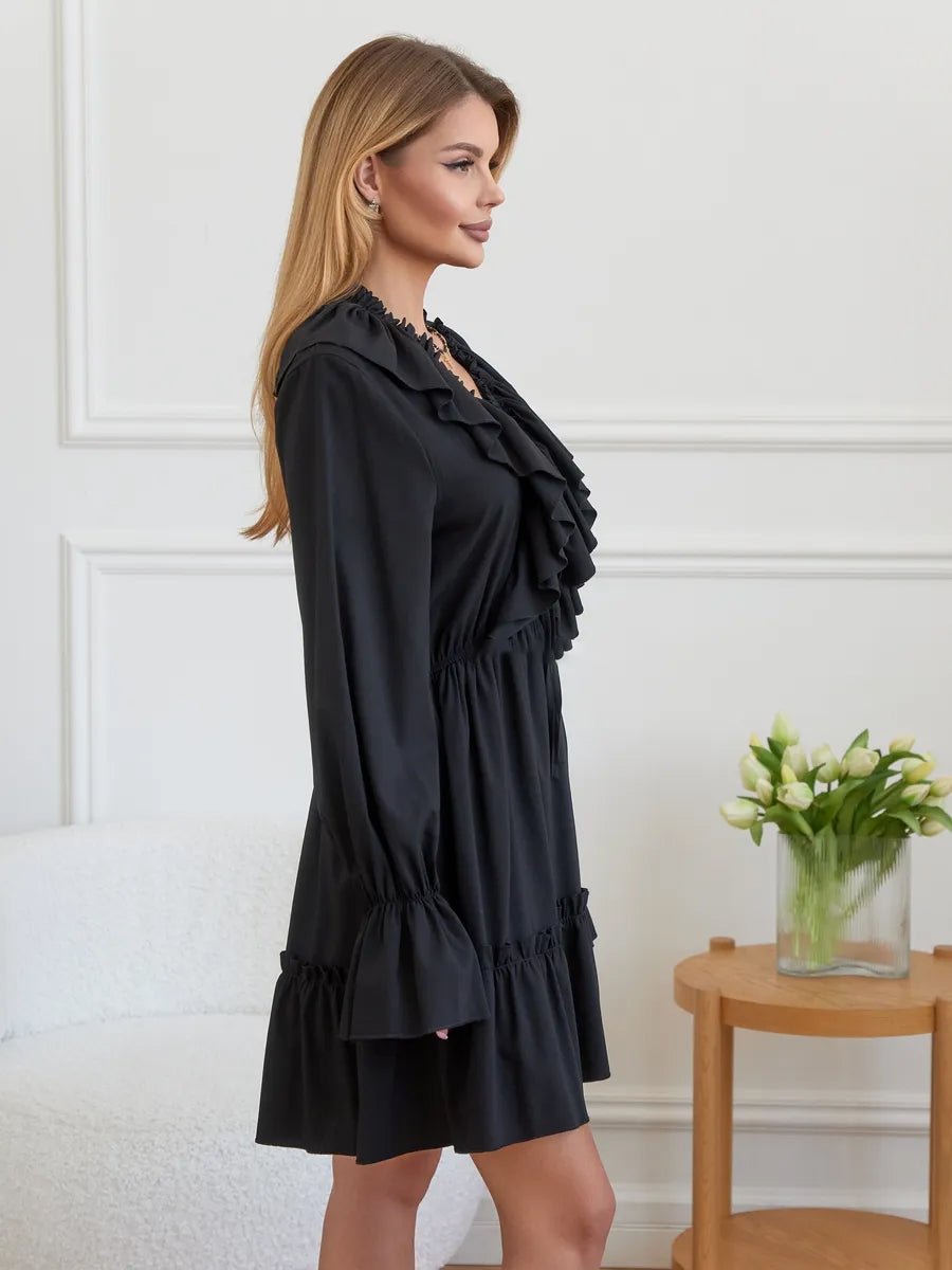 Avery V Neck Pleated Ruffle Long Sleeve Dressmini dressCelidiorCelidiorCJLY208968304DW