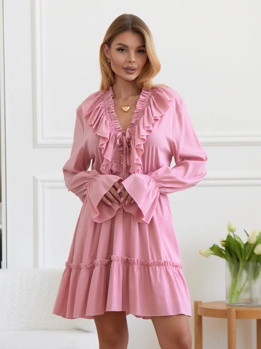 Avery V Neck Pleated Ruffle Long Sleeve Dressmini dressCelidiorCelidiorCJLY208968310JQ