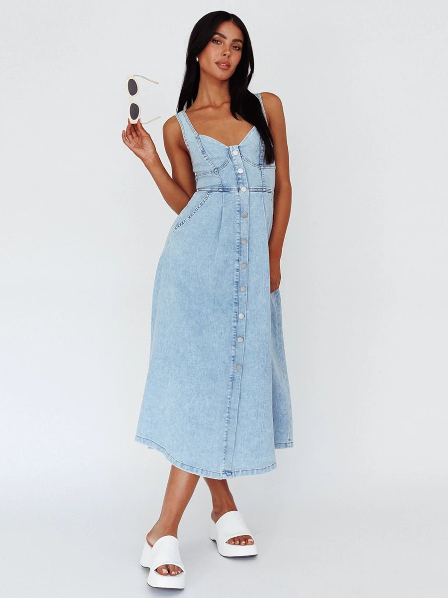 Calliope Women's Denim Buckle Strap Midi Dress - Celidior
