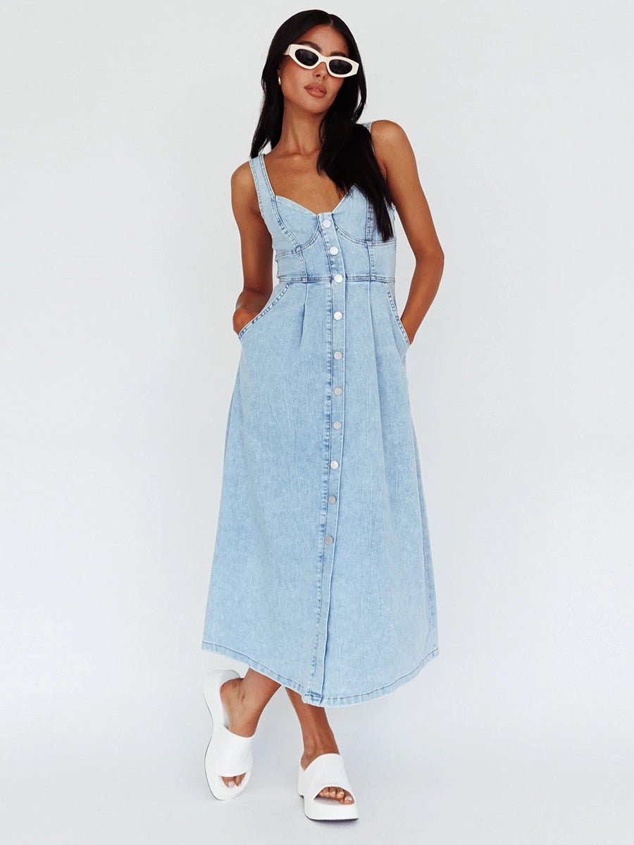 Calliope Women's Denim Buckle Strap Midi Dress - Celidior