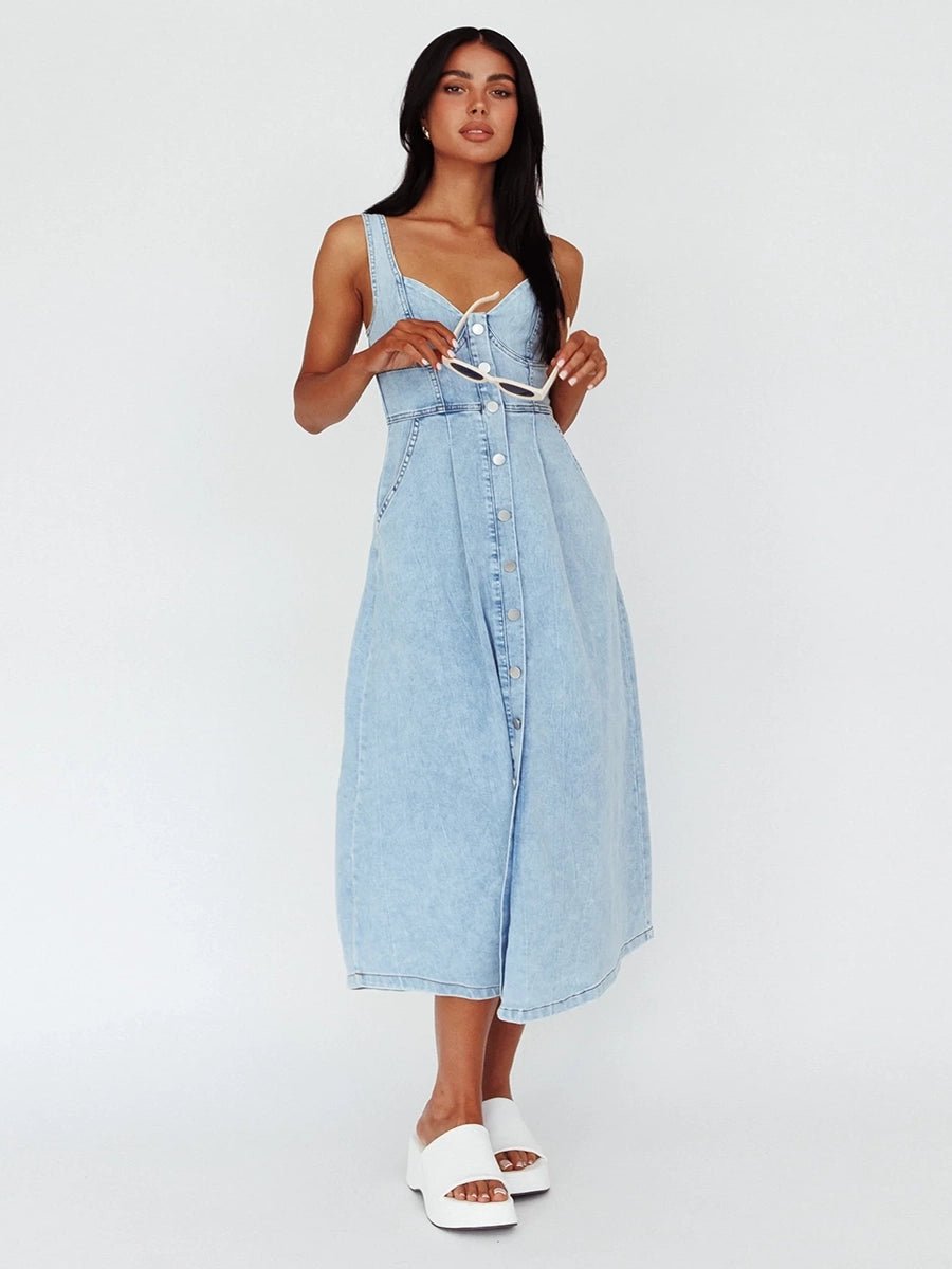 Calliope Women's Denim Buckle Strap Midi Dress - Celidior