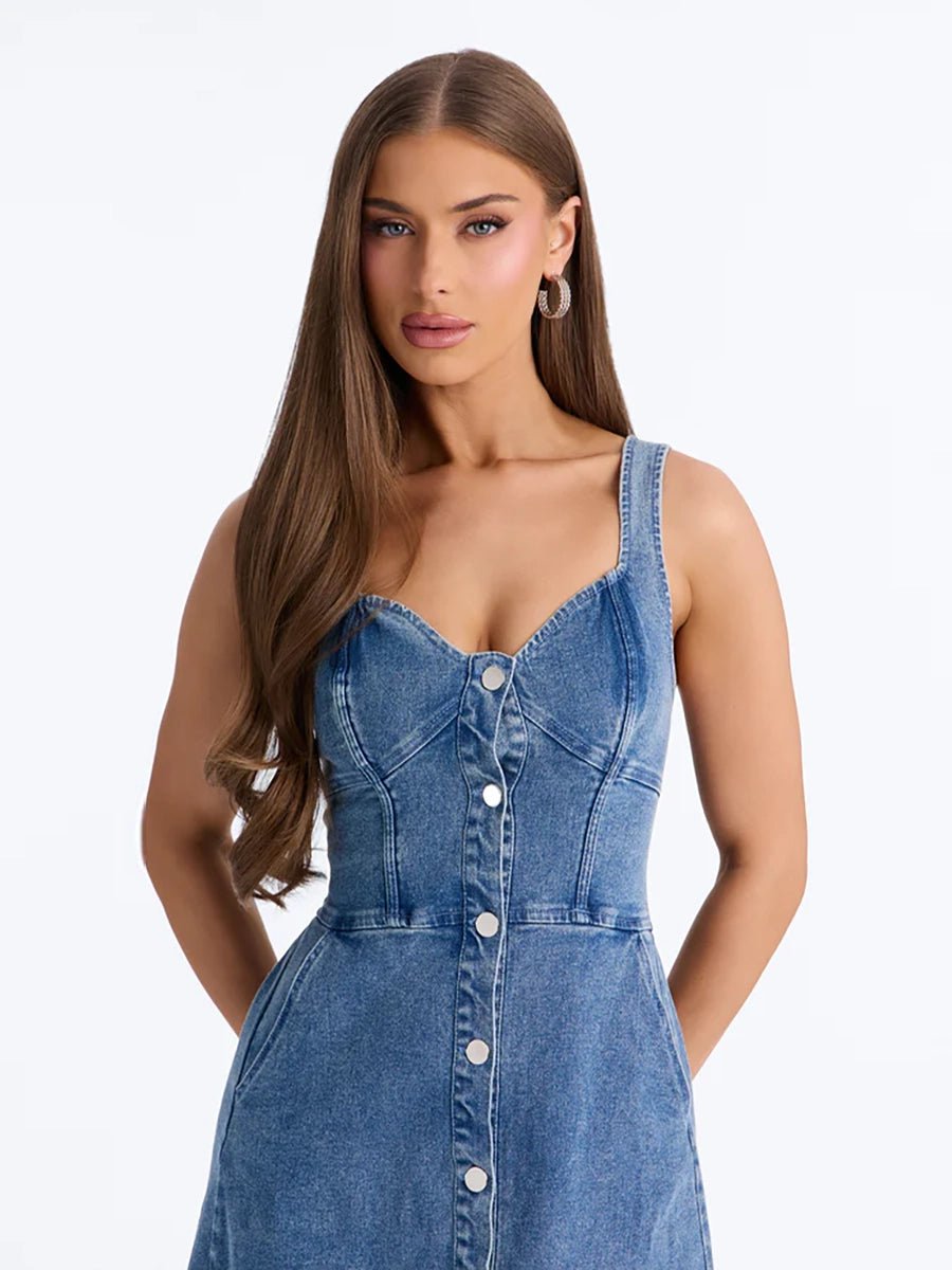 Calliope Women's Denim Buckle Strap Midi Dress - Celidior