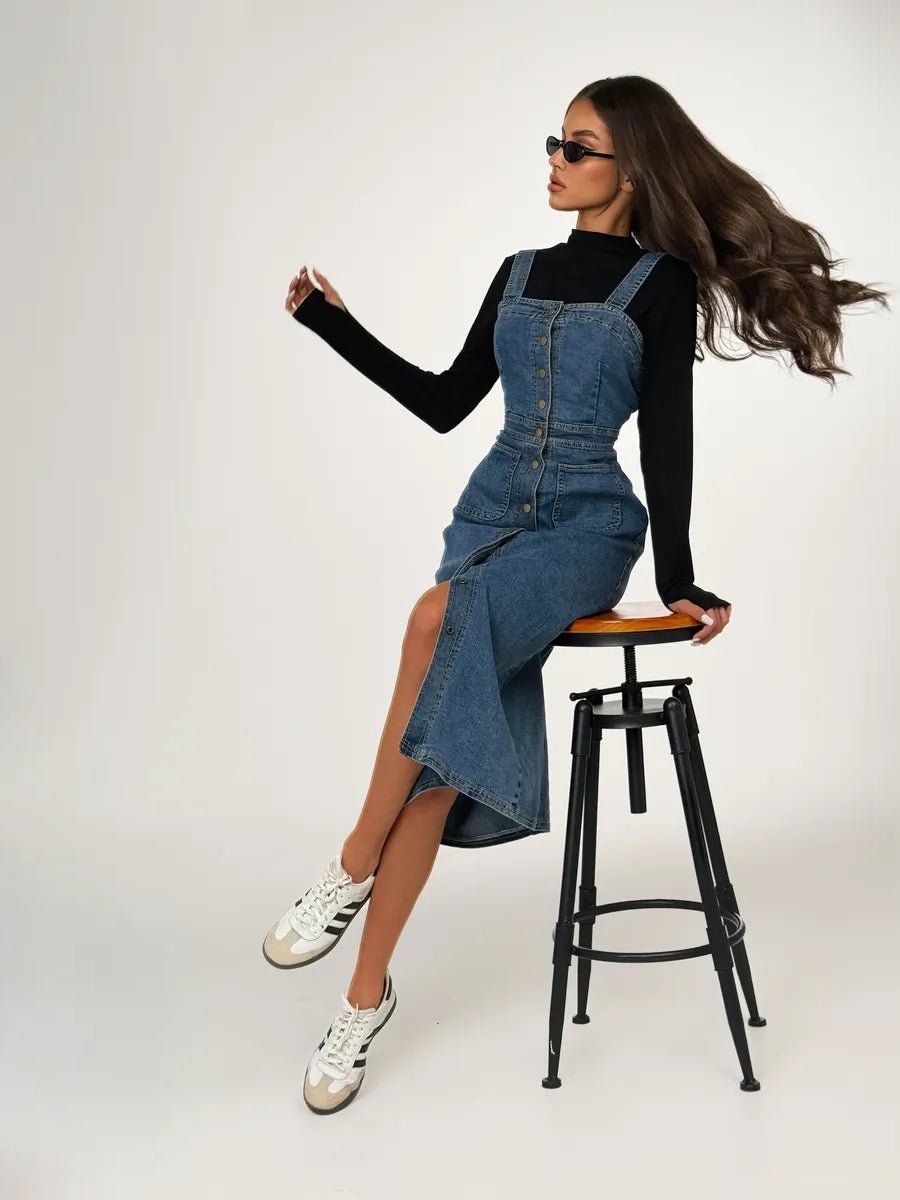 Calypso Denim Dress With Straps And Buttons - Celidior