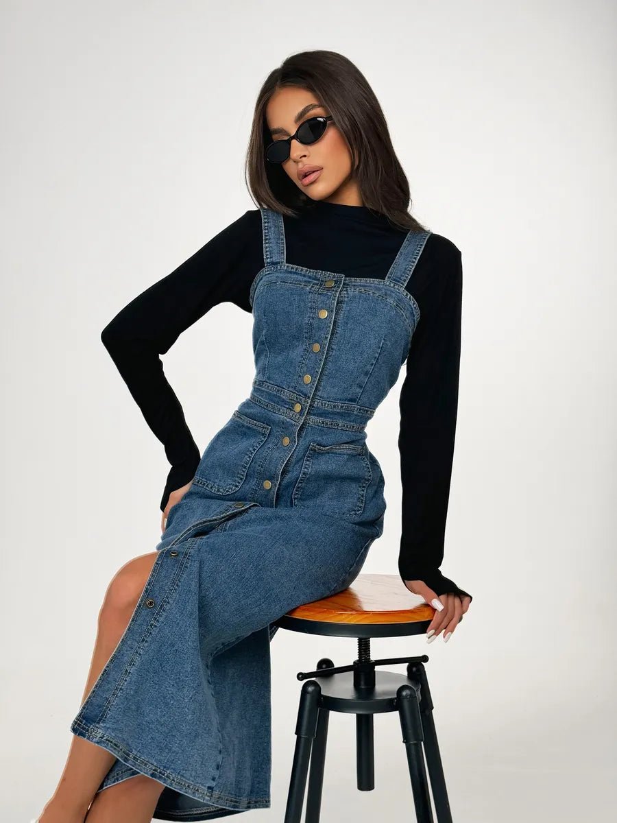 Calypso Denim Dress With Straps And Buttons - Celidior