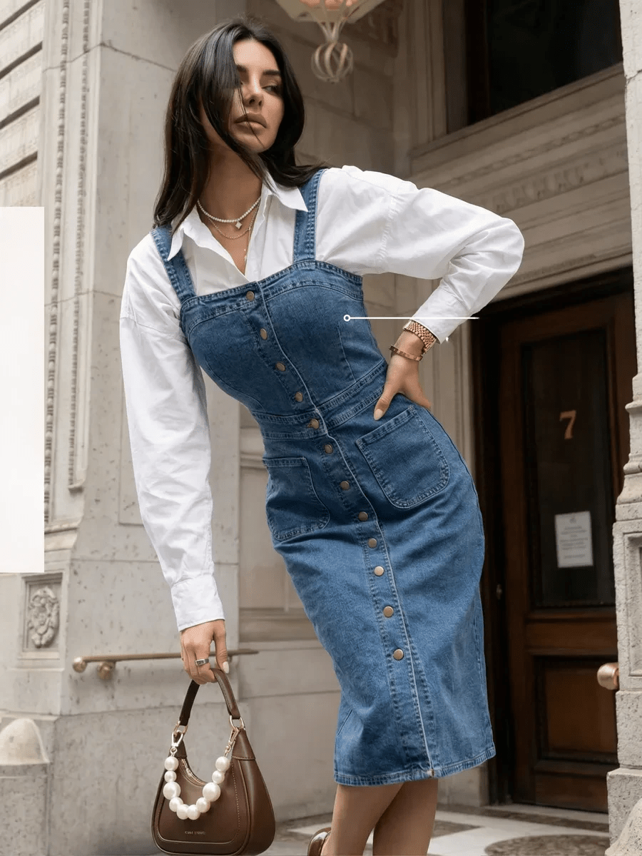 Calypso Denim Dress With Straps And Buttons - Celidior